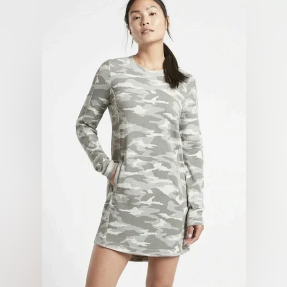 Athleta Camo Gray and White Crew Cotton Dress-S gray /white , cotton camo